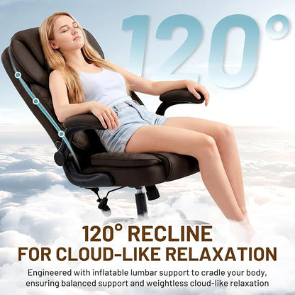 Ergonomic Office Chair, PU Leather High Back Executive Chair with Adjustable Inflatable Lumbar Support and Padded Flip-Up Arms, Recline Swivel Task Computer Chair for Home Office, Dark Brown