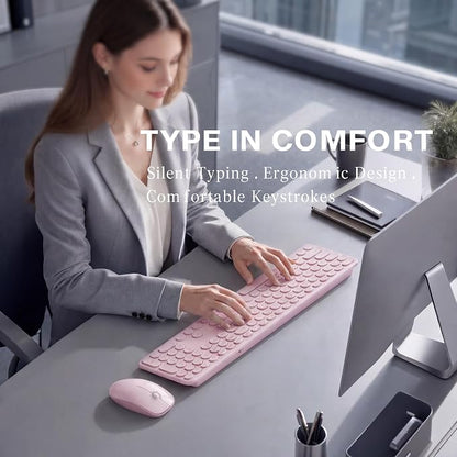 MPTOG Wireless Keyboard and Mouse Combo, Retro Round Typewriter Keys, 2.4G Silent Connection with Number Pad, Ergonomic Aesthetic Desk Set for Home Office, Laptop, PC, Mac (Pink)
