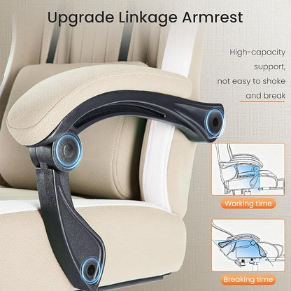 Sweetcrispy Computer Gaming Chair: High Back Ergonomic Desk Chair with Footrest and Lumbar Support, Height Adjustable with Linkage Armrests and Headrest, 360°Wheels, Fabric, Khaki