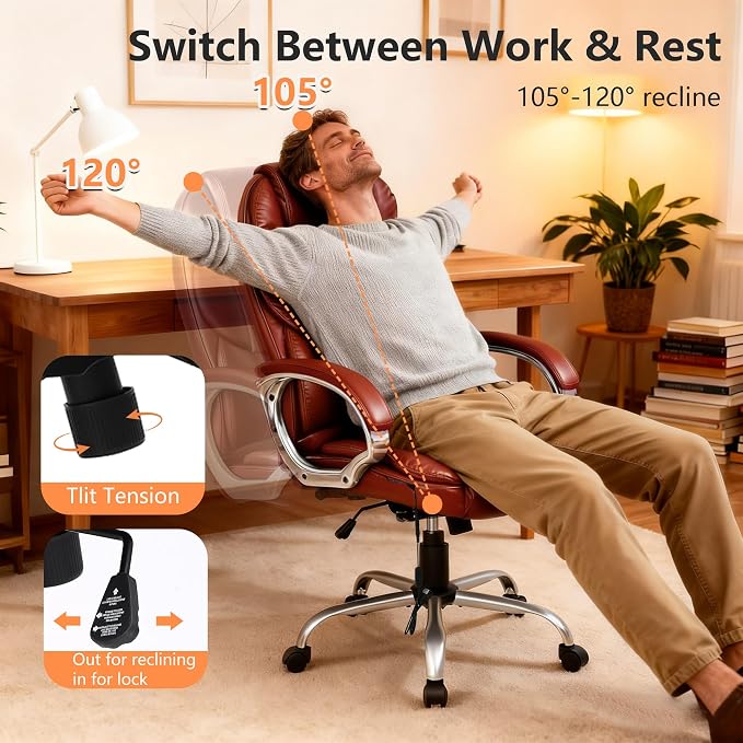 FDW Office Chair Computer High Back Adjustable Ergonomic Desk Chair Executive PU Leather Swivel Task Chair with Armrests Lumbar Support (Dark Brown)