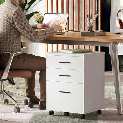 DEVAISE 3 Drawer File Cabinet for Home Office, Wood Under Desk Filing Cabinet, Rolling Printer Stand with Wheels, White