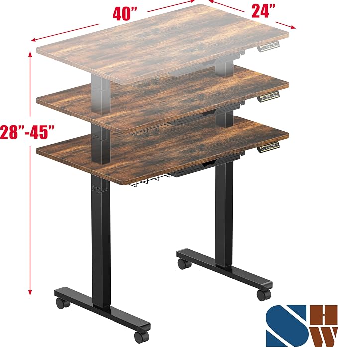 SHW 40-Inch Mobile Electric Height Adjustable Sit to Stand Desk with Drawer, Hanging Hooks and Cable Management, Rustic Brown
