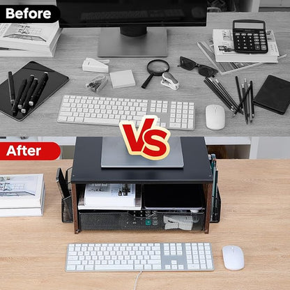Printer Stand,Desktop Printer Stand with 2-Tier Storage Shelves for Home Office，Desk Organizer with Drawer and 2 Pen Holders for Fax Machine Scanner Files