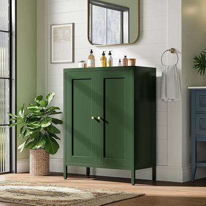 Bevivog Small Bathroom Storage Cabinet, Green Metal Locker Cabinet with 2 Doors and 2 Adjustable Shelves, Metal Floor Cabinets Sideboard for Home Office, Living Room, Hallway, Entryway