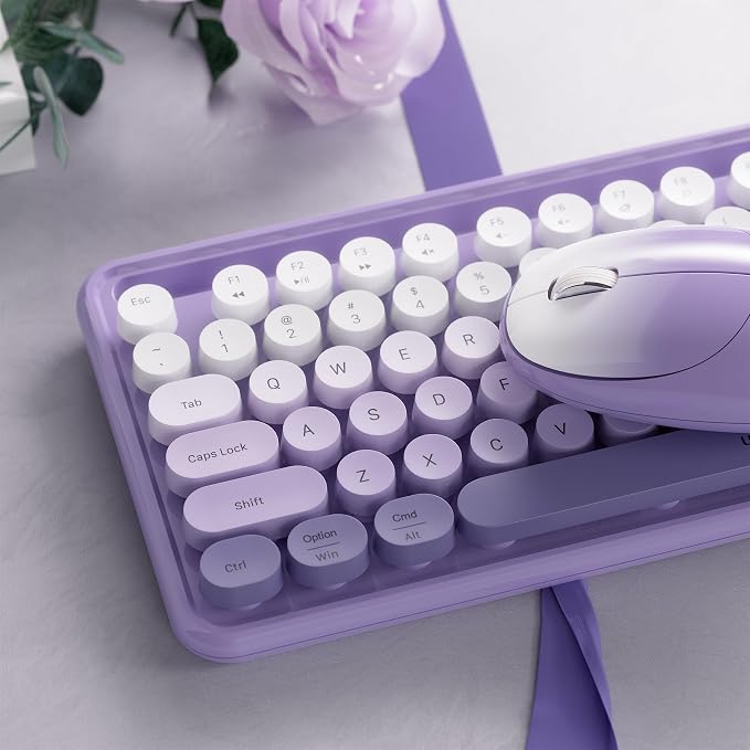 Wireless Keyboard and Mouse, Colorful 104-Key QWERTY with Round Keys, Phone Holder, Wrist Rest, Power Buttons, 2.4GHz USB for PC Laptop (Purple Gradient)