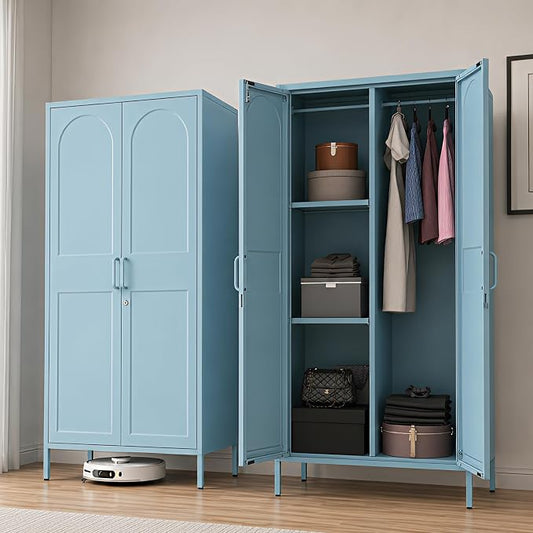 67" Metal Wardrobe Cabinet with Lock,Multi-Functional Locker with Adjustable Shelves and Hanging Rod,2 Door Storage Cabinet for Home, Bedroom,Cloak Room, Office Blue