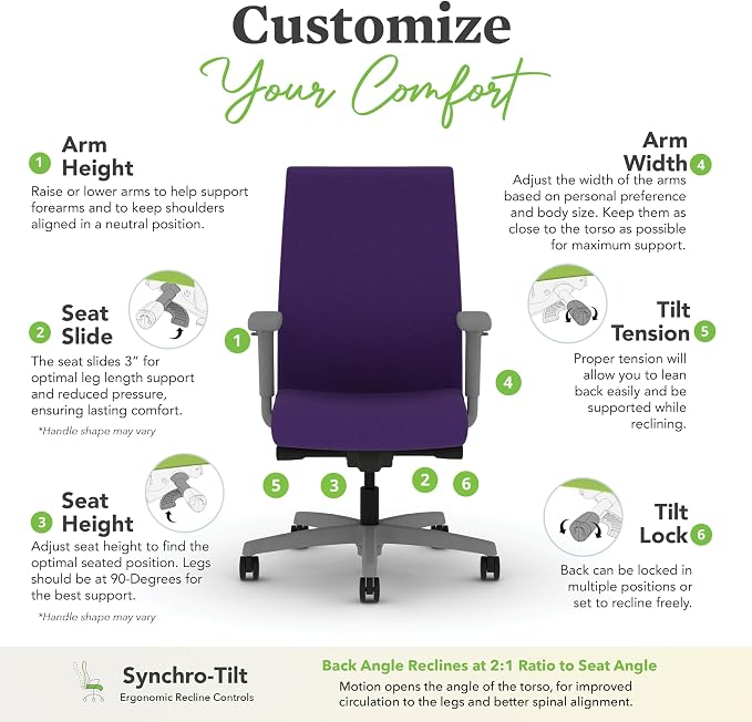 HON Ignition 2.0 Ergonomic Office Chair with Adjustable Arms, Advanced Synchro‑Tilt Recline, Upholstered Desk and Computer Chair for Home Office or Workstation, Titanium Frame, Iris