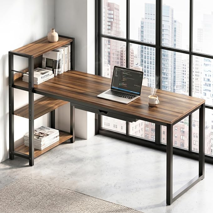 SHW 46-Inch Home Office Mission Computer Desk with Side Shelf and Drawer, Walnut