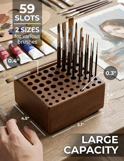 DUGATO Wooden Paint Brush Holder, 59 Hole Desk Organizer for Pencils, Pens & Art Supplies, Tabletop Brush Organizer Stand Holder with Built-In Rest Groove