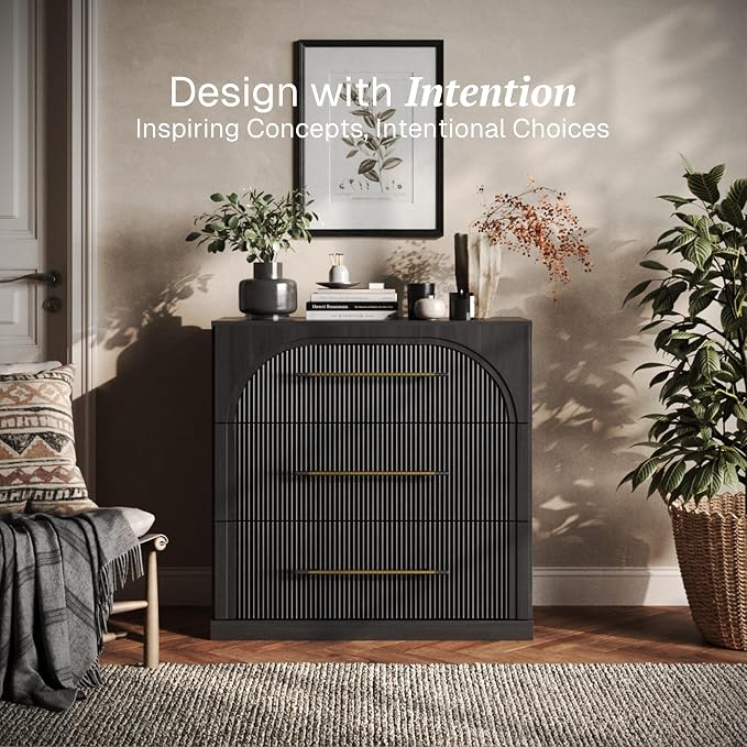 BELLEZE 32.5" Kitchen Storage Cabinet with 3 Drawers,Freestanding Accent Cabinet with Fluted Arched Design & Gold Handles,Modern Credenza for Living Room,Dining Room,Entryway - Ebony