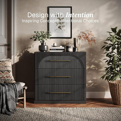 BELLEZE 32.5" Kitchen Storage Cabinet with 3 Drawers,Freestanding Accent Cabinet with Fluted Arched Design & Gold Handles,Modern Credenza for Living Room,Dining Room,Entryway - Ebony