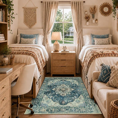 RELEANY Area Rugs 4'x6' Washable Non-Slip, Floral Vintage Distress Medallion Carpet for Living Room Bedroom Dining Room, Dark Blue Vintage