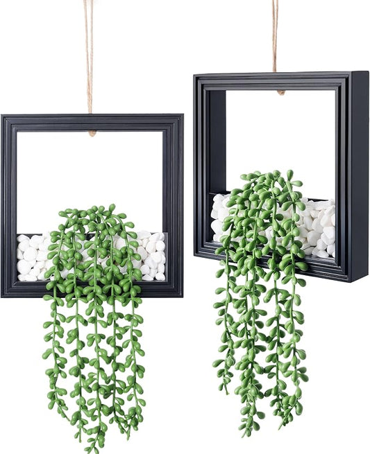 2 Pack Fake Plants Hanging, Artificial Succulents Plants in Square Wooden Frame with Glow Accents, Boho Wall Decor for Office Living Room Bathroom Bedroom Kitchen Indoor Outdoor, Black
