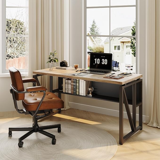 LITTLE TREE 55-Inch Executive Office Desk, Large Computer Desk with Storage Shelf, Executive Desk with Metal Frame, Thickened Desktop, Study Writing Desk Work Station for Home Office, Grey Black