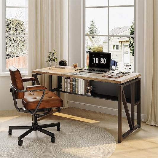 LITTLE TREE 55-Inch Executive Office Desk, Large Computer Desk with Storage Shelf, Executive Desk with Metal Frame, Thickened Desktop, Study Writing Desk Work Station for Home Office, Grey Black