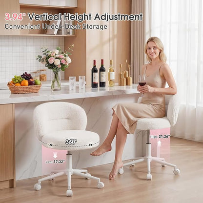 Homkdom Cute Vanity Chair with Wheels Comfy Desk Chair with Back Height Adjustable & 360° Swivel for Makeup, Study, or Light Office Work, White
