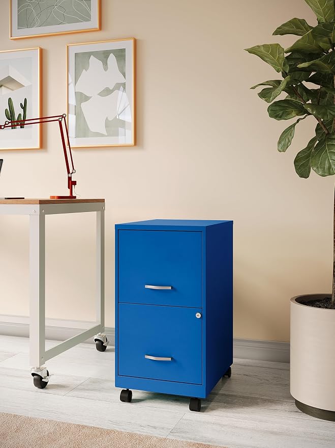 Space Solutions 2 Drawer Metal Mobile File Cabinet with Lock, Letter Size, Blue, Fully Assembled