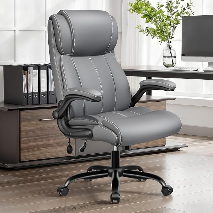 BESTFAIR Ergonomic Office Chair - Desk Computer Chair, Leather High Back Executive Chairs with Adjustable Lumbar Support & Flip Up Arms, Gray 6 Pack