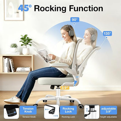 ALLGOD Ergonomic Office Chair, Breathable Mesh Ergonomic Desk Chair with Adjustable Lumbar Support, Flip-up Armrests, Computer Chairs Comfortable for Home, Office, Work, 300lbs, White, Upgrade