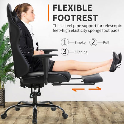 BestOffice | Ergonomic Gaming Chair | Black | Reclining Computer Chair with Lumbar Support, Headrest Pillow, Adjustable Footrests | 360 Swivel with Heavy Duty Wheels | for Home & Office