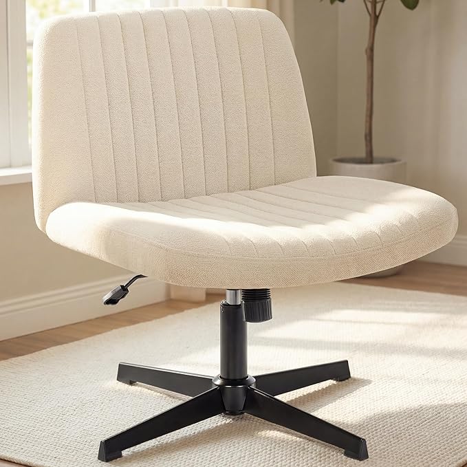 NEO CHAIR Criss Cross Chair No Wheel Vanity Desk Chair Wide Armless Cross Legged Office Comfy Makeup Adjustable Computer Task for Home Office Fabric (Beige)