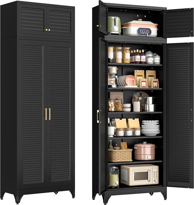 Polup 90" Tall Metal Kitchen Pantry Storage Cabinet with Doors and Shelves | Black Heavy Duty Steel Cabinet,Golden Handle,5 Adjustable Shelves,Louvered Doors,Anti-tipping,2 packages,garage,Dining room