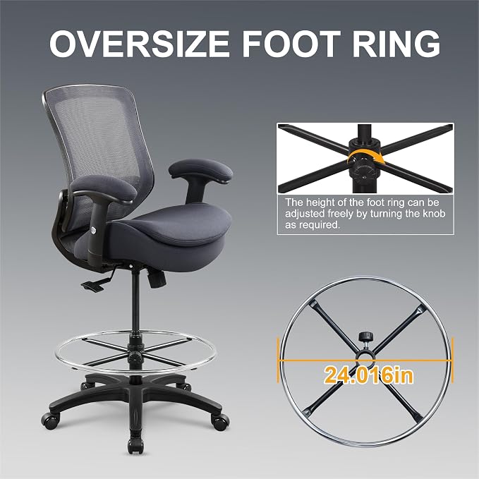 400lbs Office Drafting Chair Wide Dual Seat Cushion Height Adjustable Armrest for High Standing Desk with Lumbar Support and Enlarged Adjustable Footrest (Black Frame Gray Fabric)