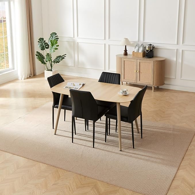 HIPIHOM Modern 4-Piece Dining Table Set with Leather Chairs | 55.1 Inch Wood Kitchen Table & 4 Black Leather Seats | Space-Saving Durable Furniture for Small Spaces, Dining Room, Breakfast Nook