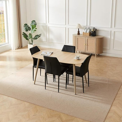 HIPIHOM Modern 4-Piece Dining Table Set with Leather Chairs | 55.1 Inch Wood Kitchen Table & 4 Black Leather Seats | Space-Saving Durable Furniture for Small Spaces, Dining Room, Breakfast Nook