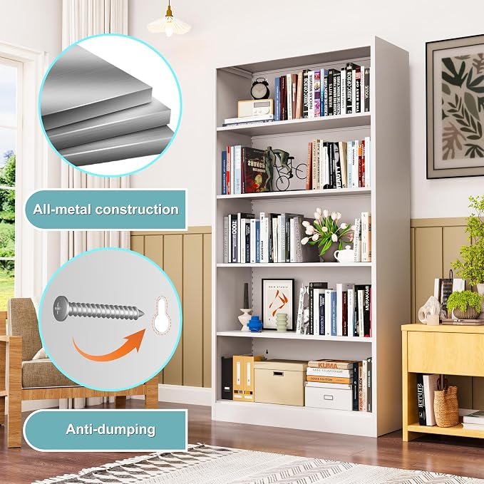 OSEILLC Bookcase,5 Tier Bookshelf,55" Tall Free Standing Metal Bookcase with Adjustable Storage Shelves,Wide Bookshelf for Bedroom Living Room Home Office School (White)