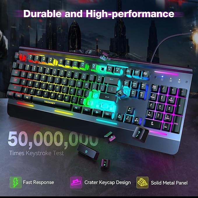 TECKNET Wired Gaming Keyboard, USB Wired Computer Keyboard, 15-Zone RGB Illumination, IP32 Water Resistance, 25 Anti-ghosting Keys, All-Metal Panel (Whisper Quiet Design)
