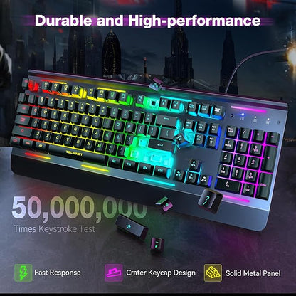 TECKNET Wired Gaming Keyboard, USB Wired Computer Keyboard, 15-Zone RGB Illumination, IP32 Water Resistance, 25 Anti-ghosting Keys, All-Metal Panel (Whisper Quiet Design)