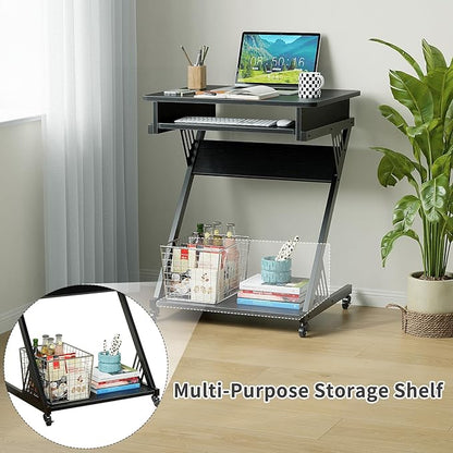 ALISENED Computer Desk for Small Spaces,23.6" Z-Shaped Compact Study Table with Smooth Keyboard Tray,with Wheels and Bottom Shelves for Home Office，Computer Cart Mobile Laptop Cart