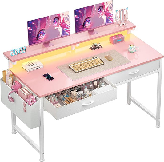 DurayLoly 47.3 Inch Office Computer Desk with LED Lights & 2 Fabric Drawers, Gaming Desk with Side Pocket & Ergonomic Monitor Stand, Small Space Study Writing Table with Anti-Tip Design,Pink