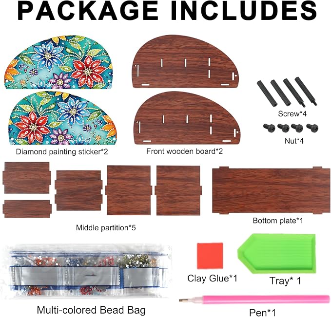 DIY Diamond Painting Storage Box Floral Design Multi-Compartment Wooden Organizer for TV AC Remotes, Makeup Brushes, Pens, Desktop Tabletop Craft Storage