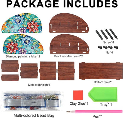 DIY Diamond Painting Storage Box Floral Design Multi-Compartment Wooden Organizer for TV AC Remotes, Makeup Brushes, Pens, Desktop Tabletop Craft Storage