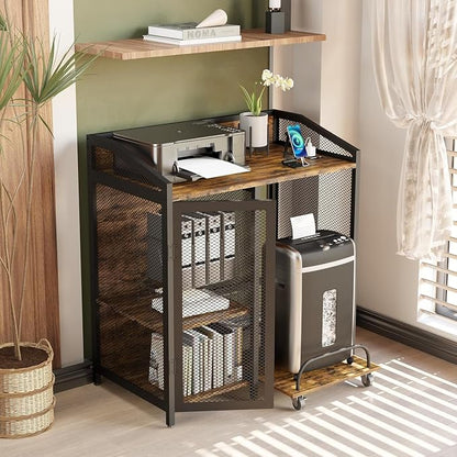 Printer Stand with Charging Station, Mobile Shredder Stand – 3 Tier Lateral Printer Table with Open Storage Shelves- Printer Cabinet for Office Home Use with Adjustable Shelves and Mesh Door