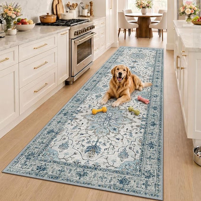 RELEANY Area Rugs Runner 3'x10' Washable Non-Slip, Floral Vintage Distress Medallion Carpet for Kitchen Hallway Bedroom Beside Laundry Room Bathroom, Light Blue Navy Gray White