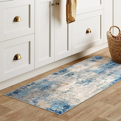 Lahome 2x4 Washable Hallway Runner Rug, Non Slip Runner Rug, Easy Clean Soft Stain Resistant Carpet for Entrance, Front Door, Door-Friendly Mat with Low Pile, 2 x 4 Blue/Ivory