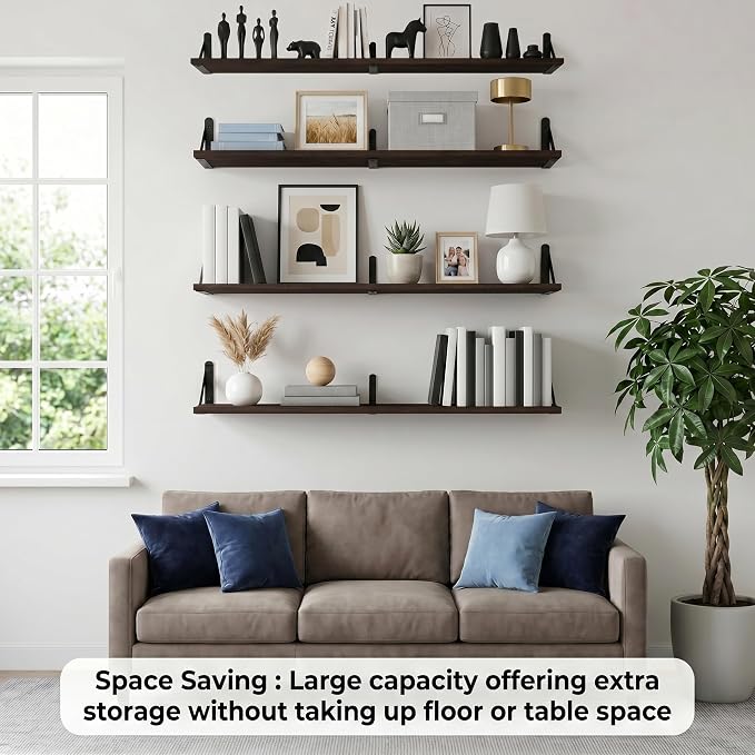 Long Wall Shelf,Large Floating Shelves for Wall,Wood Floating Bookshelves Hanging,Book Storage Display for Living Room Bedroom Office Bathroom Decor,4 Pack,36 Inch,Dark Brown