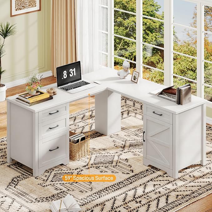Vabches 59" L Shaped Executive Desk, Farmhouse Home Office Desk with File Drawer,Storage Cabinet, Wood Corner Sturdy Writing Workstation.Cream White