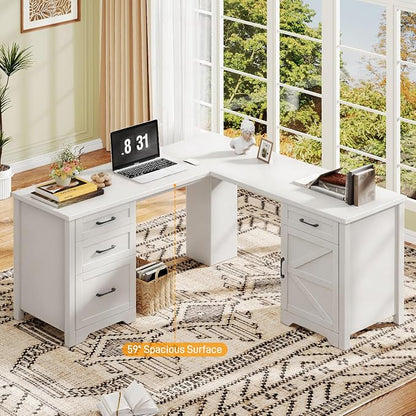 Vabches 59" L Shaped Executive Desk, Farmhouse Home Office Desk with File Drawer,Storage Cabinet, Wood Corner Sturdy Writing Workstation.Cream White
