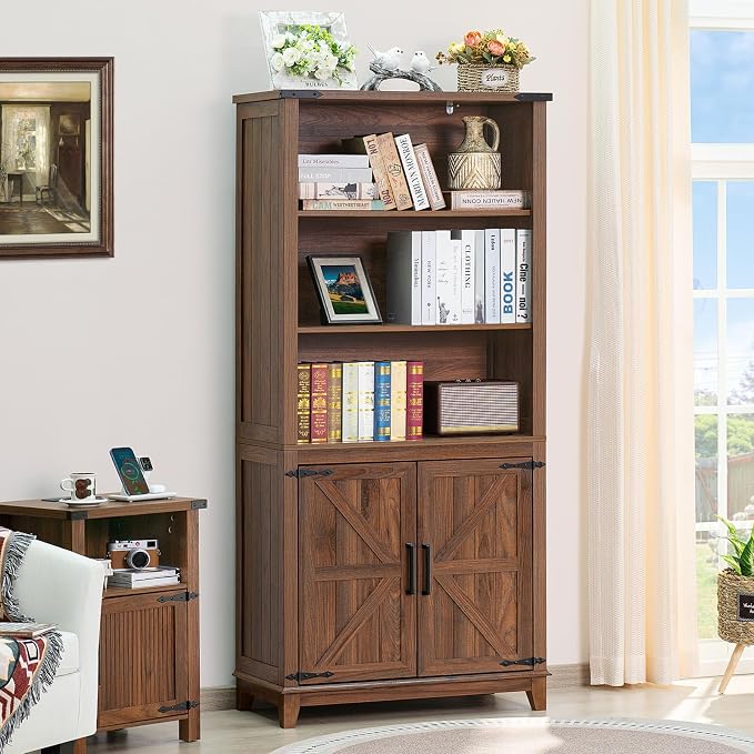 Joaxswe 70in Tall Bookshelf 5 Tier Bookcase with Barn Doors and Adjustable Shelves, Brown Farmhouse Book Shelf with Storage Cabinet, Wood Freestanding Display Bookshelves for Bedroom, Kitchen (3PCS)