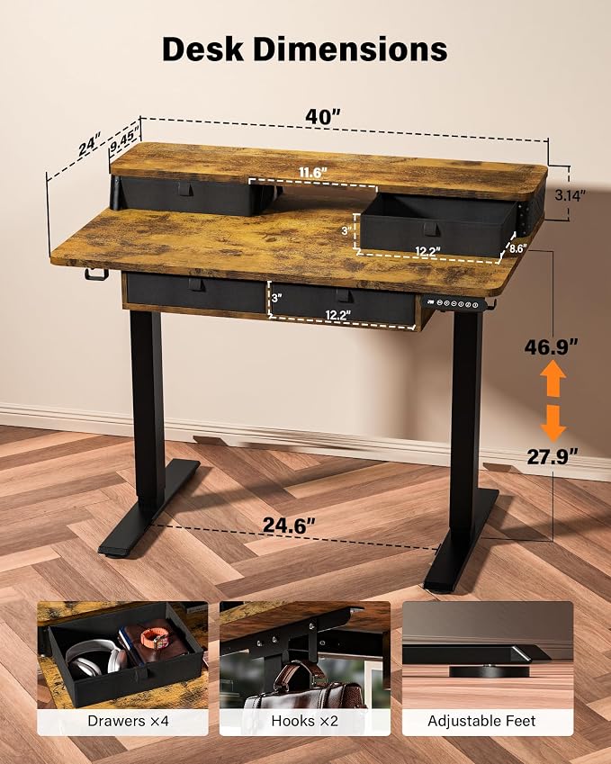 FiCiHi Electric Standing Desk with Four Drawers, 40 x 24 Inch Adjustable Height Sit Stand Desk, C-Clamp Compatible Home Office Desk with Storage Shelf & Monitor Stand Riser, Rustic Brown