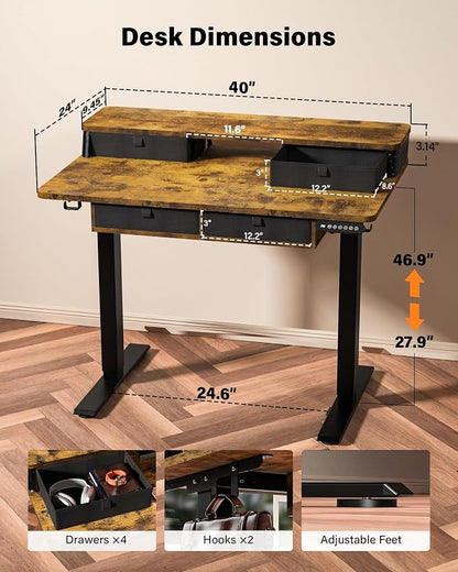 FiCiHi Electric Standing Desk with Four Drawers, 40 x 24 Inch Adjustable Height Sit Stand Desk, C-Clamp Compatible Home Office Desk with Storage Shelf & Monitor Stand Riser, Rustic Brown