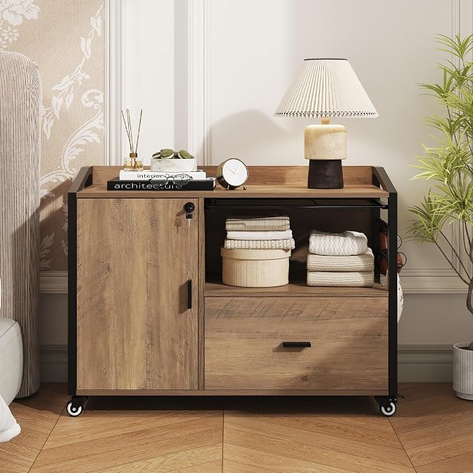 HSH Rolling File Cabinet with Lock, Mobile Lateral Filling Cabinet on Wheels, Wood Printer Stand with Storage Drawer, Modern File Cabinets Fits F4 Legal for Home Office, Rustic Oak, 33Inch