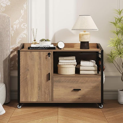 HSH Rolling File Cabinet with Lock, Mobile Lateral Filling Cabinet on Wheels, Wood Printer Stand with Storage Drawer, Modern File Cabinets Fits F4 Legal for Home Office, Rustic Oak, 33Inch