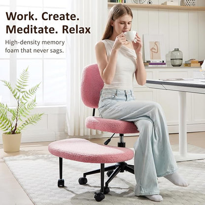 Criss Cross Chair Armless Office Chair for Cross Legged Sitting, 300lb Heavy Duty Ergonomic Desk Chair for ADHD, Adjustable Meditation Yoga Kneeling Chair with Brake Wheels for Home Office (Pink)