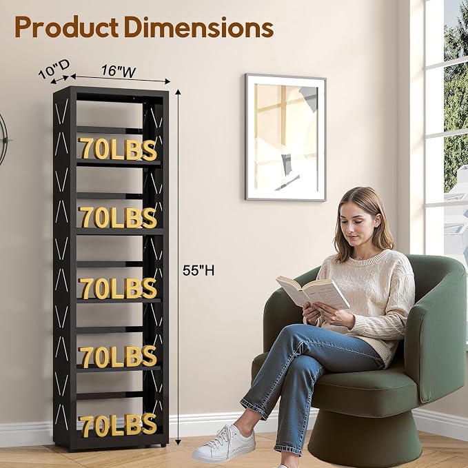 UNICOLY Bookshelves and Bookcases, 5 Tier Metal Bookshelf with Adjustable Shelves and Bookends, Open Shelf Bookcase, Display Shelves for Home Decor Bedroom, Living Room, Home Office, Black