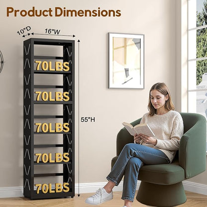 UNICOLY Bookshelves and Bookcases, 5 Tier Metal Bookshelf with Adjustable Shelves and Bookends, Open Shelf Bookcase, Display Shelves for Home Decor Bedroom, Living Room, Home Office, Black